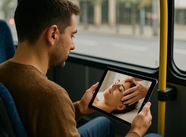 Personne regardant une vidéo de massage du visage sur une tablette dans un bus.