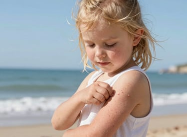 A young girl with blonde hair on a sunny beach, looking down at her arm covered in red, itchy-looking skin rash bump