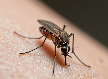 Macro shot of an Aedes aegypti mosquito biting human skin to feed on blood.