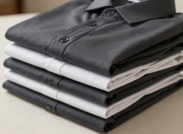 Folded stack of hotel staff uniform shirts in deep charcoal and white, fabric showing fine weave, arranged in a clean row on a light surface under bright even lighting, no people