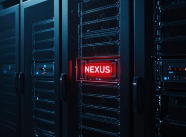 Cinematic dark photography of high-tech server racks bathed in cold blue light, with a glowing red core, representing the birth of NEXUS, 35mm