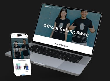Responsive mockups (laptop and mobile) of Golang merch store