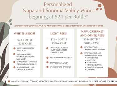 Price list for personalized Napa and Sonoma Valley wines including Pinot Noir, Chardonnay, and Cabernet Sauvignon.