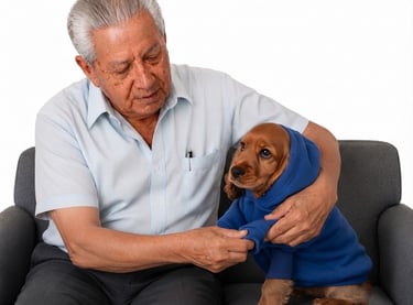 Abuelito colocándole una sudadera azul a un cocker spaniel sentados en un sillon gris