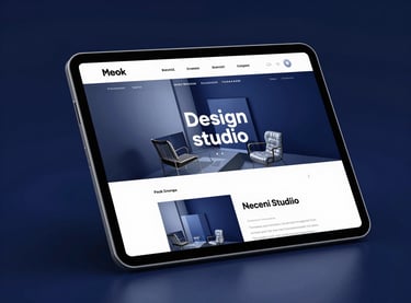 Sleek tech photography, glowing glassmorphism mockup of an interior design studio website on a tablet, dark blue highlights.