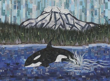 Paper collage art of an orca whale breaching in front of a snowy mountain and evergreen forest.