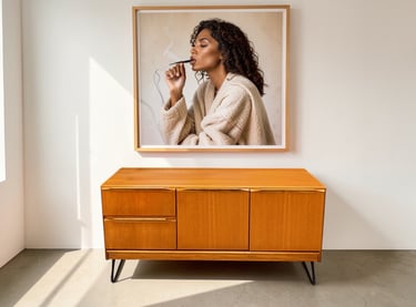 Morris of Glasgow teak sideboard on hairpin legs with Mid Century Modern design and vintage retro style.
