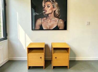 Pair of Avalon Mid-Century Modern teak bedside tables, vintage 1960s–70s MCM nightstands with storage drawers, stylish retro