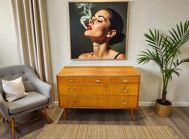 Vintage 1960s Meredew walnut chest of drawers with brass handles, retro mid century modern design