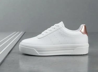 Tenis blanco de cuero con acento rosa en el talón, calzado deportivo casual