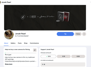 Ko-fi Landing page of Art by Jonah Pearl page