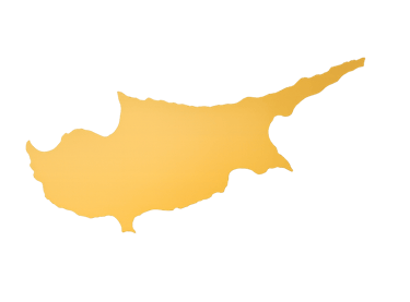 A golden yellow silhouette map of Cyprus isolated on a solid black background.