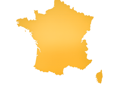 A golden yellow gradient map of France including Corsica isolated on a black background.