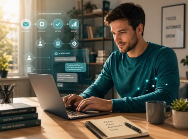 Emprendedor gestionando servicios de automatización con IA para empresas desde su computadora