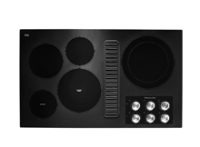 A black cooktop with five burners and silver control knobs on the right side.