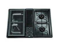 A gas cooktop with a grill on the left and two burners on the right, with knobs in the center.