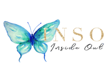 teal butterfly with gold INSO and Inside Out in black letters