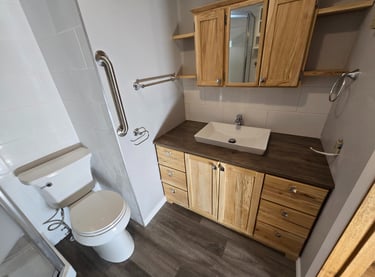 Handicap accessible bathroom with wooden vanity, vessel sink, and wall-mounted grab bar near the toilet.