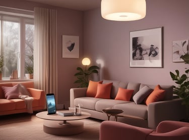 A cozy living room with smart lamps creating different lighting scenes.