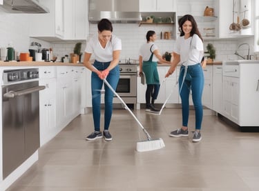 A group of people inside a room engage in cleaning or maintenance activities. One person sweeps the floor with a broom while others stand and observe, smiling or gesturing. The room has wooden structures and a child rests on a bed nearby.