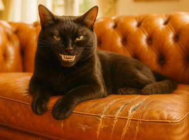 Un chat noir sur un canapé en cuir avec un sourire maléfique pour la journée du chat noir.