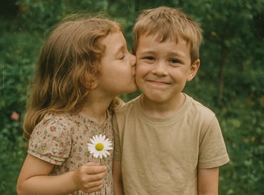 une copine fait un bisou à son copain et lui offre une fleur pour la journée du petit copain.