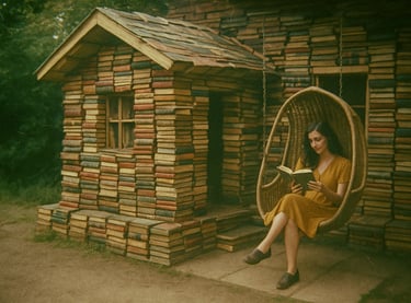 Une femme lit devant une maison construite avec des livres - Pour la journée de la bibliodiversité.