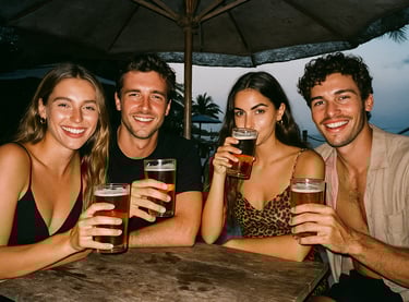Deux couples d'amis partagent des bières pour la journée mondiale de la bière.