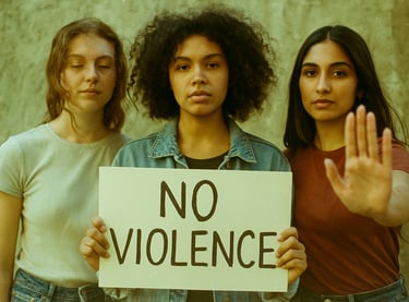 Trois femmes avec un panneau "No Violence" pour la journée internationale de la non-violence.