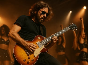 Un guitariste gaucher qui joue en position droitier pour la journée des gauchers.