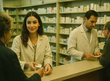 Pharmacienne et pharmacien au comptoir d'une pharmacie, pour la journée mondiale des pharmaciens.