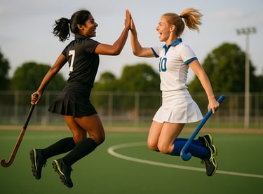 Deux joueuses de hockey sautent et se tapent dans la main pour la journée du fair-play.