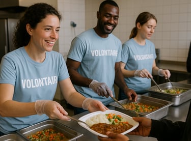 Distribution de plats par des volontaires pour la journée de la charité - Journée Mondiale
