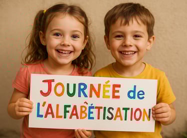 Deux enfants avec un panneau pour la journée de l'alphabétisation.
