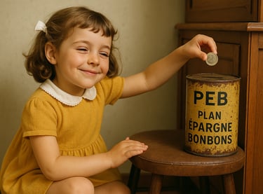 Petite fille met une pièce dans une tirelire "Plan épargne Bonbons"  - Journée mondiale de l'épargne