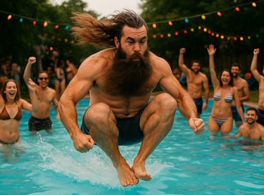Un homme avec une barbe fait un saut dans une piscine avec des amis pour la journée de la barbe.