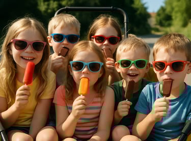 Des enfants en vacances dégustent une glace au soleil pour la journée internationale de la jeunesse.