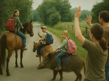 Départ pour l'école à cheval pour la semaine européenne de la mobilité.
