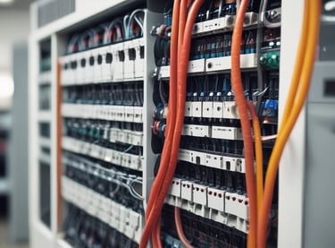 Electrician working on network cabling in a modern office space.