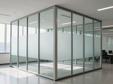 Wide environmental shot of a glass office partition in a bright commercial interior, floor-to-ceiling frosted glass panels with aluminum framing, daylight flooding through adjacent clear glass windows, clean edges and seams visible