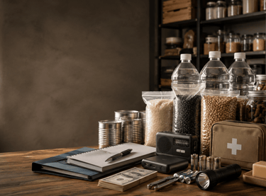 Emergency survival kit with canned food, water bottles, first aid supplies, and flashlight for disaster preparedness.