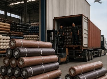 Inside a logistics warehouse, SY Leather workers are using forklifts to load rolls of industrial fabric into containers.