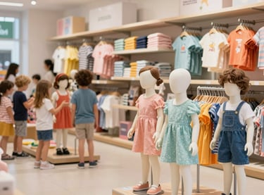 Área infantil da loja Mega Estação, com roupas coloridas e ambiente acolhedor, manequins de crianças