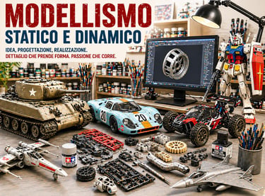 Vari modellini in scala, tra cui un carro armato, un'auto da corsa e un robot Gundam