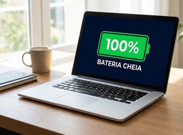Notebook em uma mesa; em sua tela, uma imagem de uma bateria verde escrito 100%, bateria cheia.