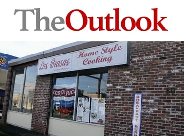 Gresham Outlook newspaper logo over Las Brasas restaurant
