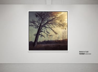Large painting of a tree with the sun setting behind it, displayed in a large modern gallery.