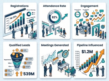 Dashboard showing event KPIs including registrations, engagement, leads, meetings, and ROI.