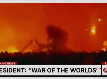 A fictional CNN broadcast showing breaking news with the headline “President: ‘War of the Worlds’,” 