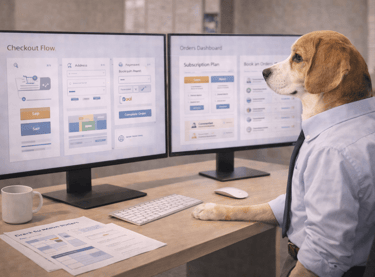 A Beagle wearing a business shirt and tie while reviewing checkout flow analytics on monitors.